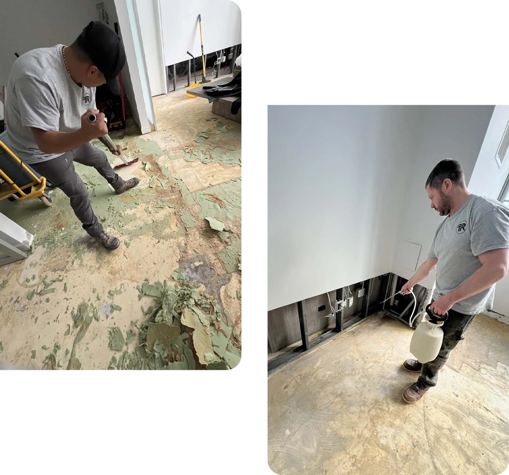 A man is working on the floor of his home.