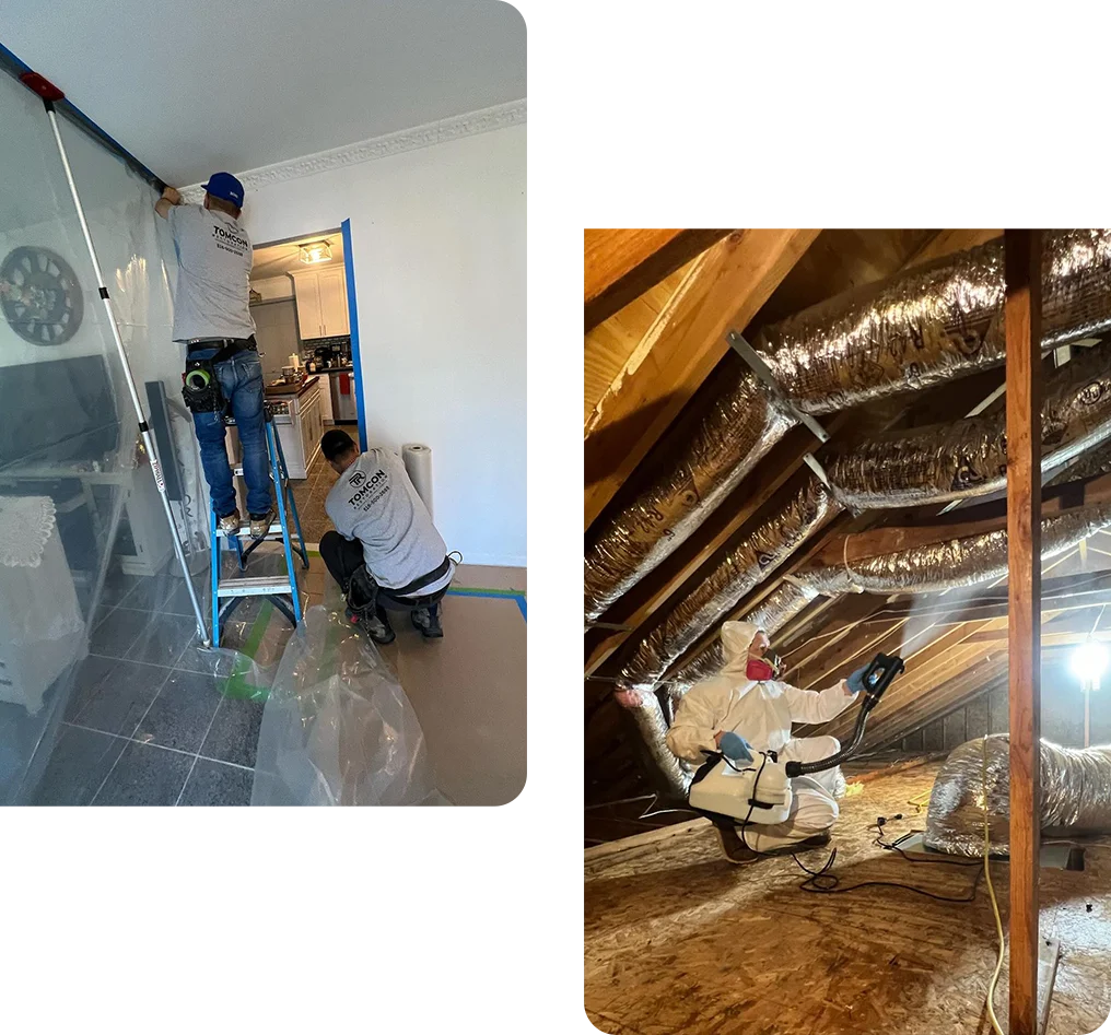 Two pictures of a room being cleaned and renovated.