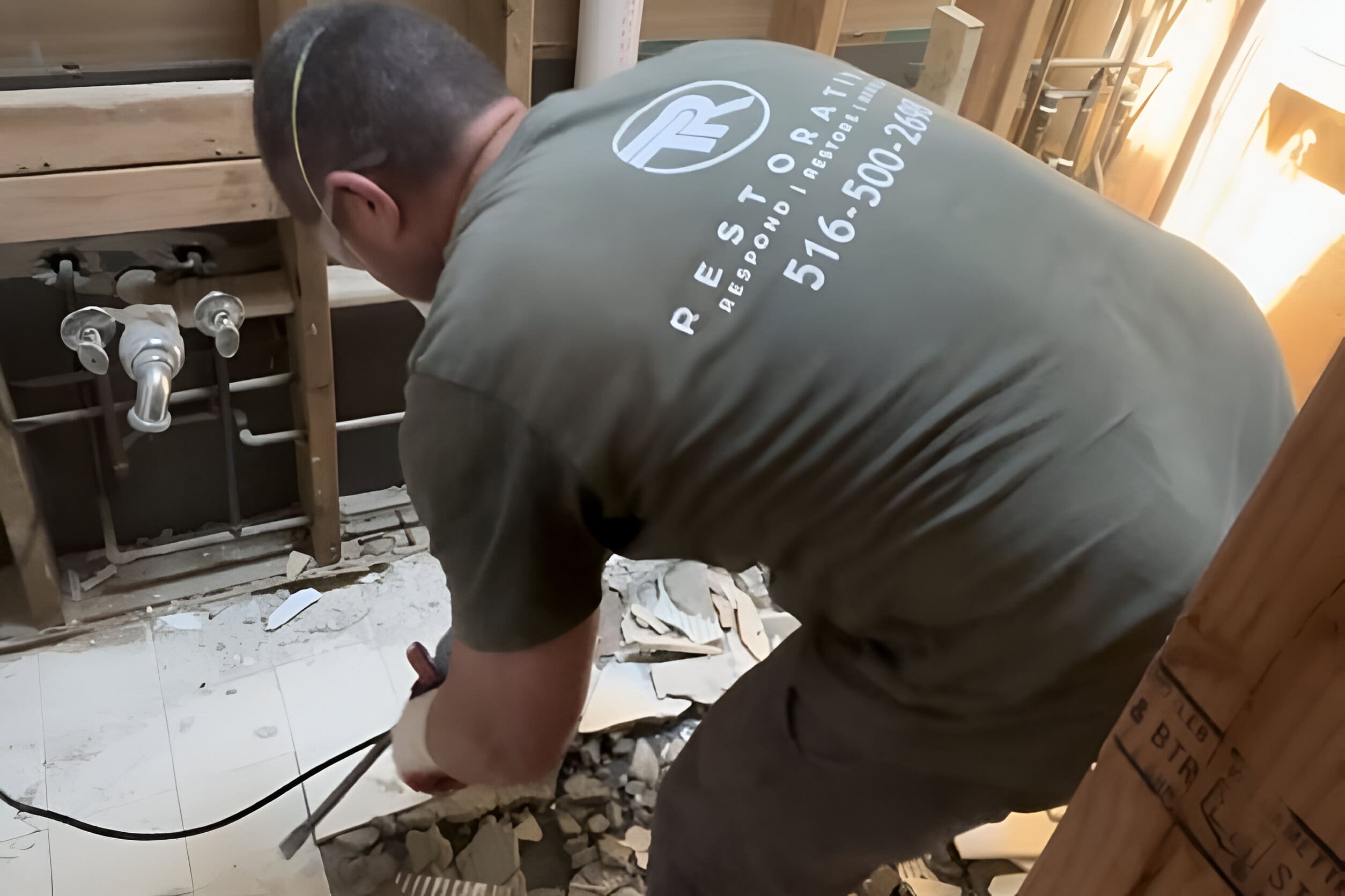 A man in green shirt working on floor.