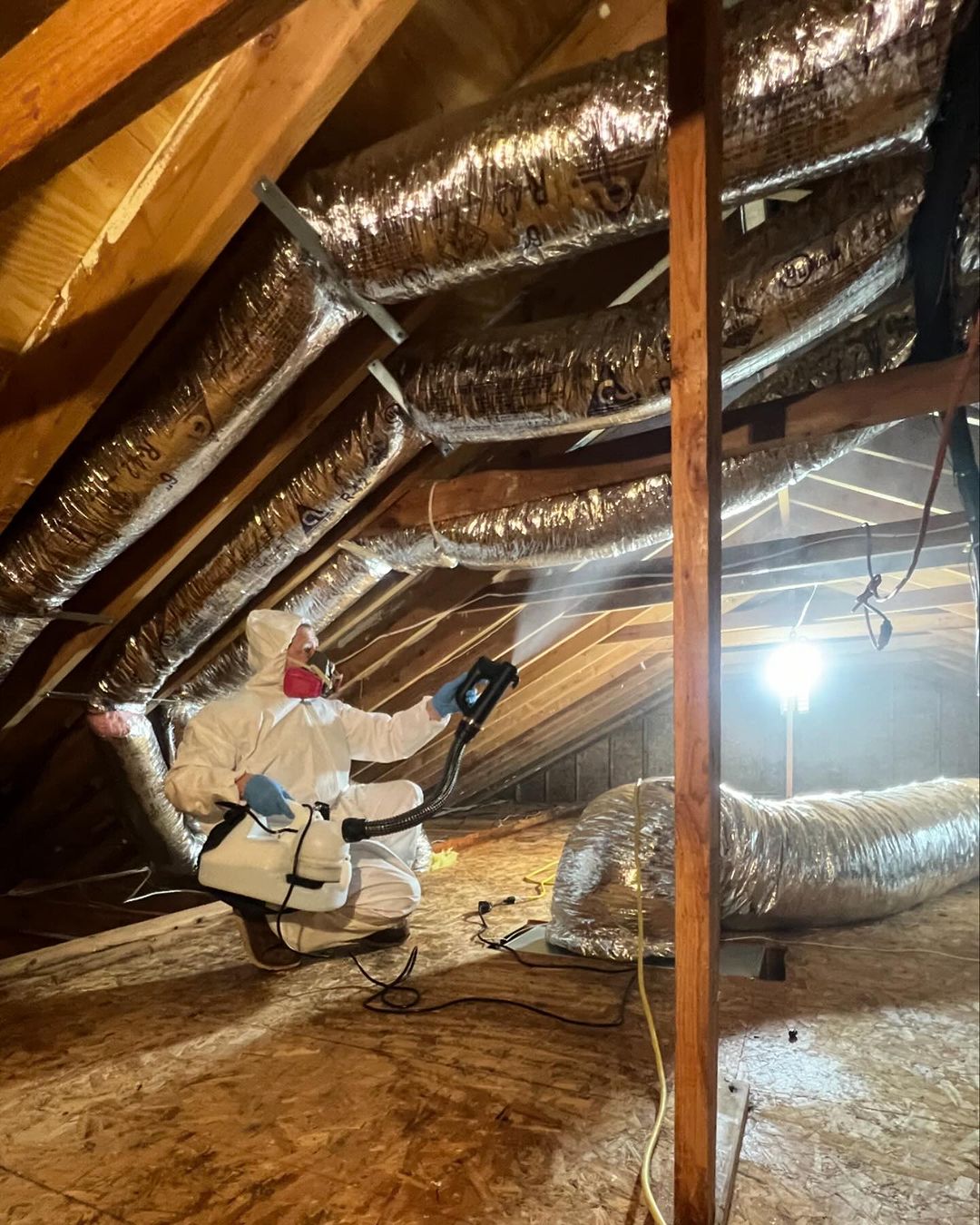 A couple of people in the attic with their hands on the ceiling.