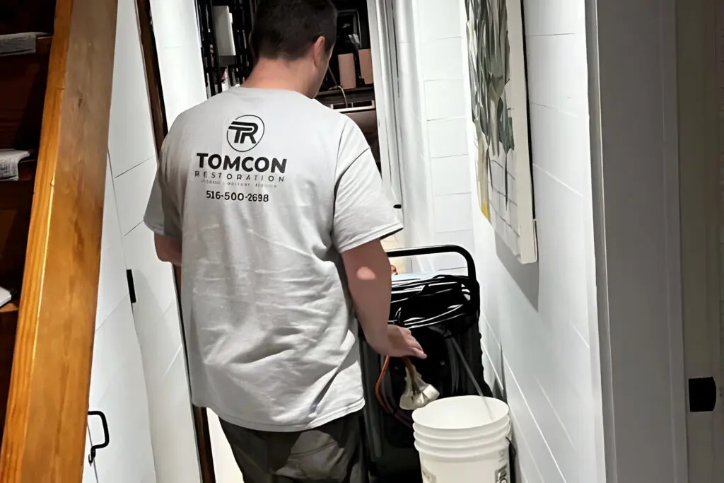 A man in grey shirt carrying a bucket and luggage.